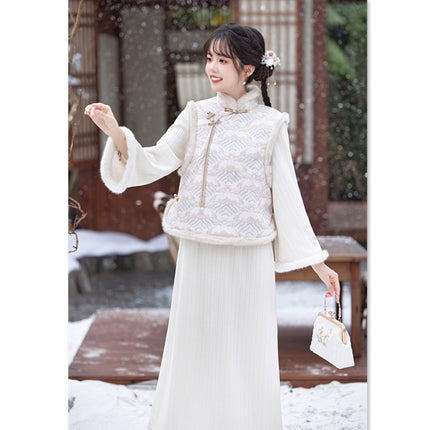 Chenille Jacquard Cheongsam 2024 Winter New Printed Leather Vest Improved Girls' Daily Wearable Vest