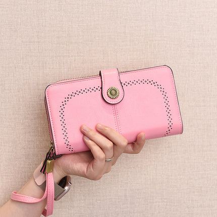 Foreign Trade New Fashion Women's Coin Purse Oil Wax Leather Handbag Long Zipper Mobile Phone Card Holder Short Coin