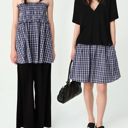 Fn Clean Explai“Blue Moment” Plaid Skirt Women's 2025 Casual Relaxed Easiest for Match Umbrella Skirt