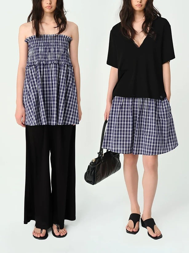 Fn Clean Explai“Blue Moment” Plaid Skirt Women's 2025 Casual Relaxed Easiest for Match Umbrella Skirt