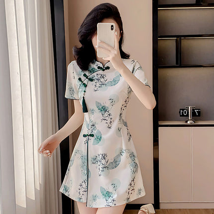 Real Shot of Summer New Improved Cheongsam New Chinese Style Tassel Dress Shorts Two-Piece Set Solid Color Mercerized