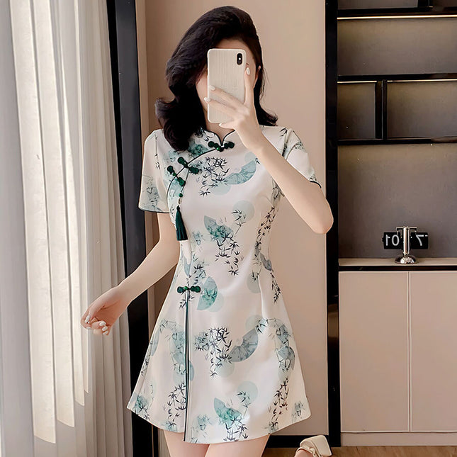 Real Shot of Summer New Improved Cheongsam New Chinese Style Tassel Dress Shorts Two-Piece Set Solid Color Mercerized
