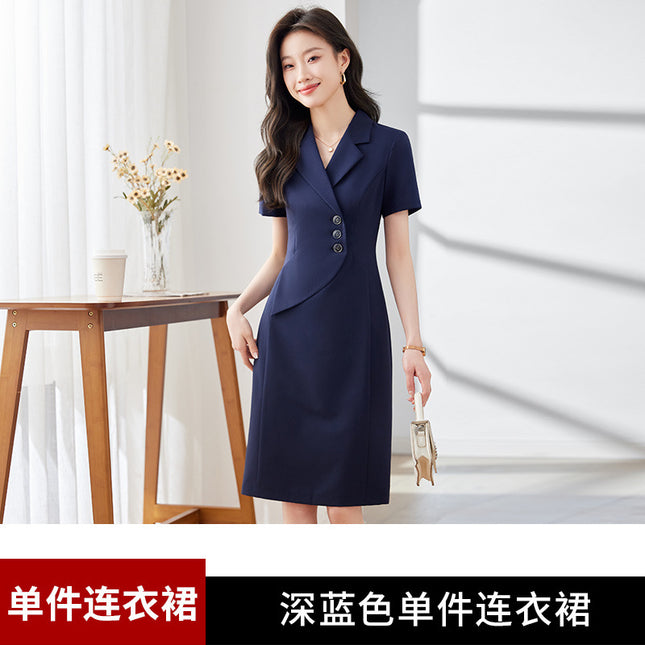 [Elegant Long Skirt] V-neck Short-sleeved dress High-end Work Clothes Mid-length Skirt Spring and Summer Business Wear Uniform