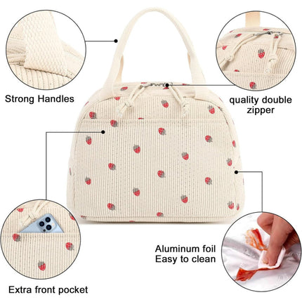 Cross-Border New Product Corduroy Printed Portable Lunch Bag Large Capacity Fresh-Keeping Lunch Bag Suitable for Outdoor Camping