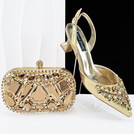 Queenyan Export Mirror Large Diamond Clutch and Women's High-Heeled Shoes Combination Set Elegant and Simple Banquet