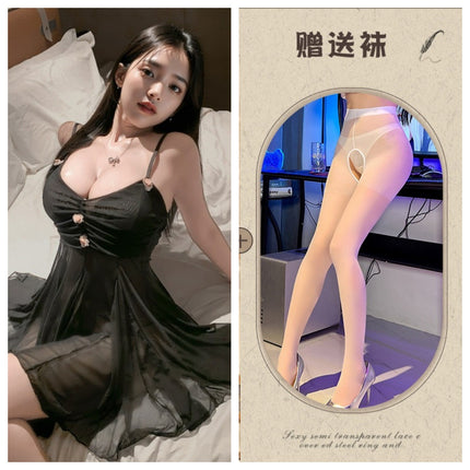 Sexy Plus-Size Casual Lingerie Nightgown Passion Set Teasing Strap Transparent Sleepwear for Women