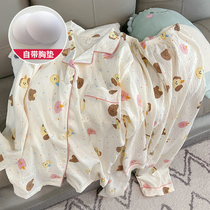 Source Factory New Spring and Autumn Popular Cloud Cotton Sweet Pajamas with Fixed Chest Pads, Long Sleeves and Long Pants Loungewear Set
