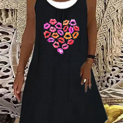 In-Stock 2025 European and American Style Aliexpress Wish Independent Site Fashion Casual Heart Print Faux Two-Piece Sleeveless Dress