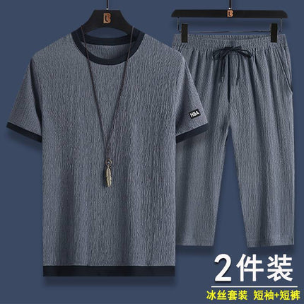 Summer Casual Sports suit Men's Ice Silk Short-sleeved T-shirt Shorts A Set of Men's Fashion Two-piece Set