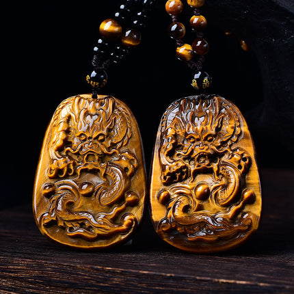 Live Supply of Natural Tiger Eye Stone Pendant Dragon Brand Pendant Finely Carved Men's Pendant Dragon Brand Rope Style Animal Year