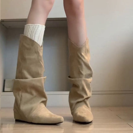 New Retro Western Cowboy Boots Autumn Height-Increasing Long Boots Women's Pointed Toe Pleated Slouch Boots