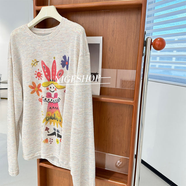 Colorful Yarn Clown Garden Print Long-Sleeved T-Shirt for Women in Autum with Interesting Design, Loose Age-Reducing Casual Tops and T-Shirts