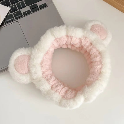 Strawberry Bear Plush Ear Headband for Washing Face, Hair Tie, Face Mask, Makeup, Bear Headband, Heart Bangs
