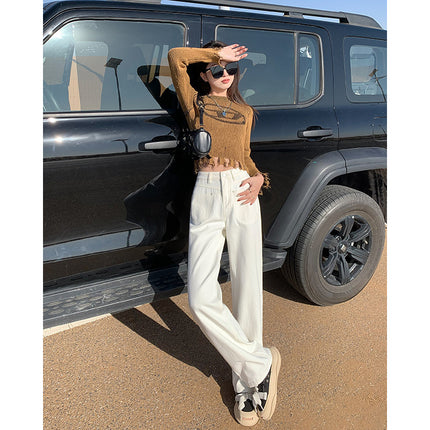 Stitching White Wide Leg Jeans Women's High Waist 2024 Autumn and Winter New Straight Loose Slim Long Pants