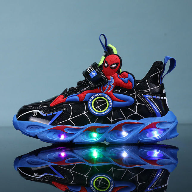 2025 Boys' Shoes Children's Anti-Slip Mid-Leat Running Shoes Leather with Lights Spider-Man Children's Sports Shoes Autumn Lightweight