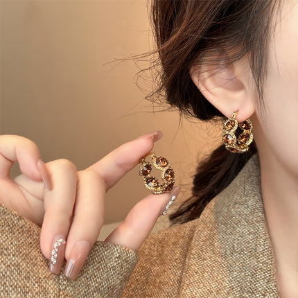 Brown Crystal Hoop Earrings, Feminine Accessible Luxury Earrings, 2025 New Internet Celebrity Hot Style High-End Earrings for Women