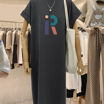 plus size Short-sleeved Cotton Mid-length Dress Women's 2025 Summer New All-match Loose Long Dress Flying Sleeve Split dress