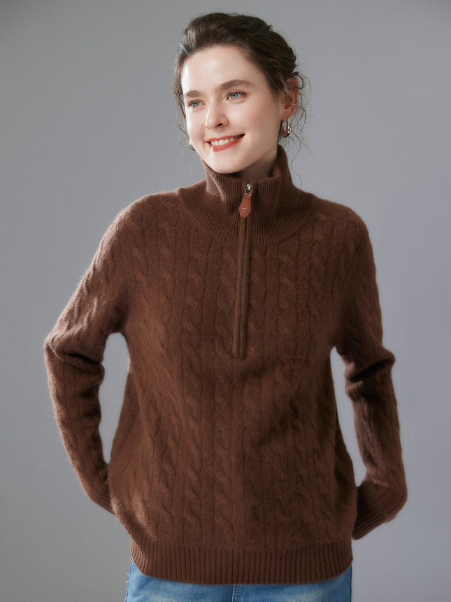Autumn and Winter New Cashmere Sweater for Women, Loose Slimming Half-Zip Crew Neck Cable Knit Thick Sweater Trendy