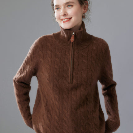 Autumn and Winter New Cashmere Sweater for Women, Loose Slimming Half-Zip Crew Neck Cable Knit Thick Sweater Trendy