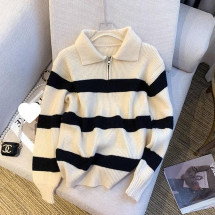 Mall Withdraws 2025 Spring and Autumn Korean Version Polo Collar Striped Sweater for Women, Loose Retro Knitwear Trend