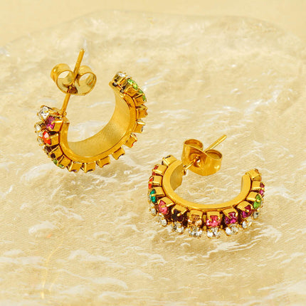 Cross-border new stainless steel C- shaped diamond earrings women's European and American Joker titanium steel 18K texture earrings in stock wholesale
