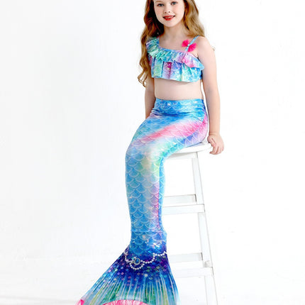 Girls' Mermaid Swimsuit Three-Piece Set Mermaid Tail Cross-Border Popular Bikini Swimsuit Beach Swimwear Shiny