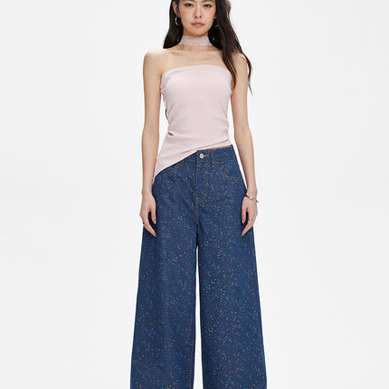 Women's Summer Printed Wide-Leg Denim Casual Pants, Versatile Loose Straight-Leg Floor-Length Pants, High-Waisted and Slimming