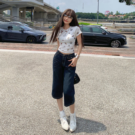 Raccoon House # American Lightning Crack Straight Jeans for Women Summer New Low-Waist Loose Hot Girl Versatile Cropped Pants