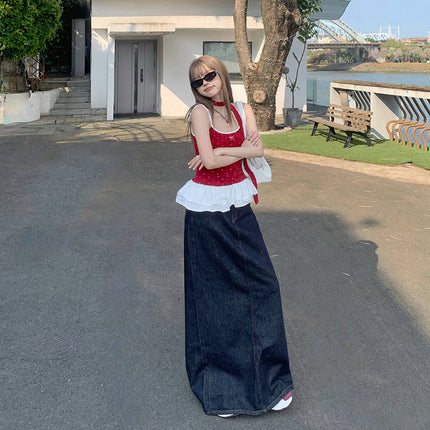 Raccoon House # Summer High-Waisted Denim Long Skirt for Women Denim Original Color Slit Dark Blue Tall A-Line Skirt Wholesale