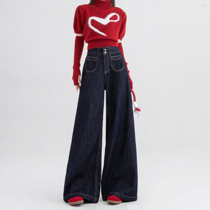 American-style Tannin Blue Wide Leg Jeans Women's 2024 Autumn and Winter New American-style All-match High Waist Loose Mop Pants