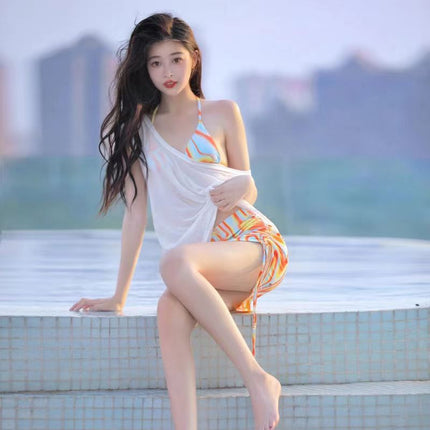 Swimsuit women's pure desire style hot girl split bikini halter drawstring sexy high waist belly covering slimming holiday swimming suit