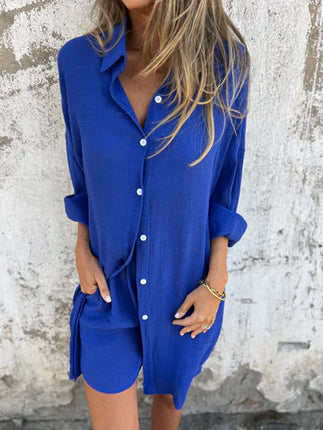 2025 cross-border Europe and America Amazon new women's casual solid color cotton and linen shorts long sleeve wrinkled cloth shirt two-piece set