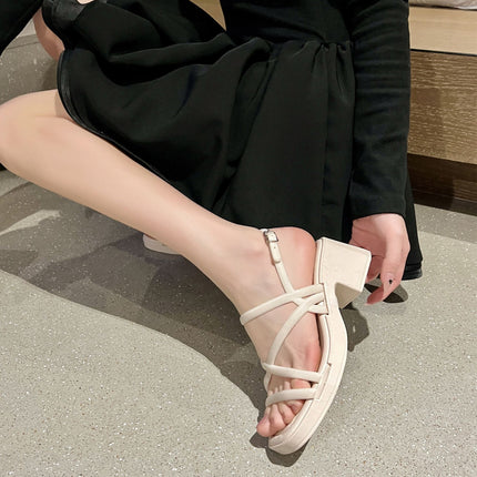 High Heel Sandals and Slippers Women's Summer New Arrival Fashion Fairy Style All-Match Outer Wear Non-Slip Simple Solid Color Thick Bottom Chunky Heel Shoes