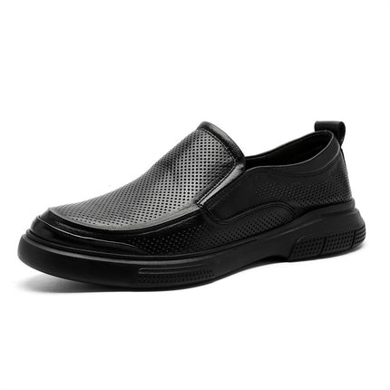 Leather Shoes Men's Summer Business Casual Work Shoes Cut Out Breathable Perforated Soft Leather All Black Pure Cowhide Men's Shoes