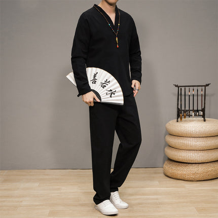 Cotton and Linen Suit Men's Autum New Tang Suit Long-Sleeved Pants Chinese Style Retro Zen Suit Chinese Casual Han Dynasty Suit
