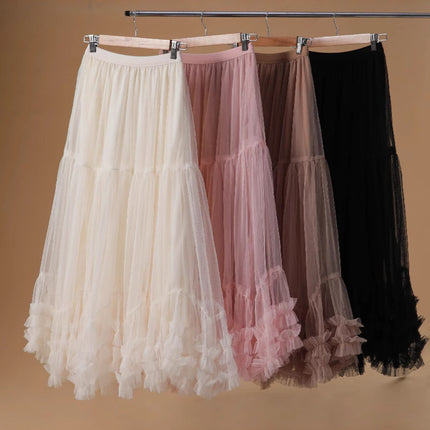 Cross-border Large Pendulum Design Sense Mesh Skirt 2025 New High Waist Slim-looking Pop Skirt Draped Sense Elegant