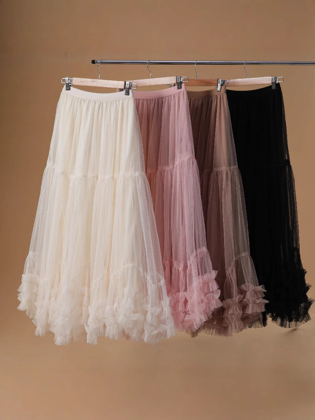 Cross-border Large Pendulum Design Sense Mesh Skirt 2025 New High Waist Slim-looking Pop Skirt Draped Sense Elegant