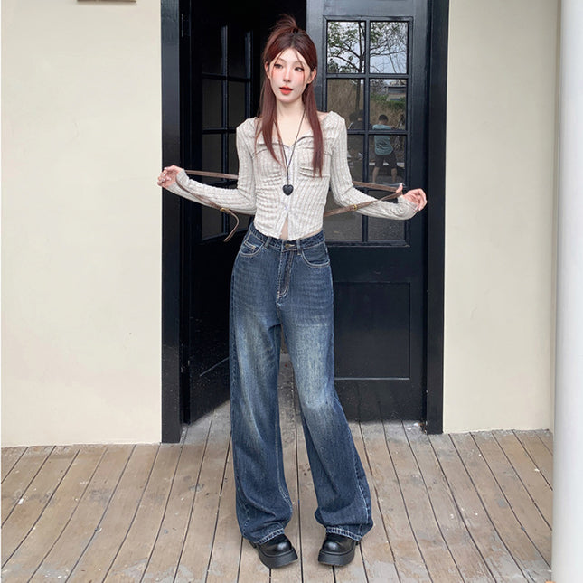 American Style Retro Dark Wide Leg Jeans Women's Autumn and Winter New Loose All-match Slim-fit Mop Pants