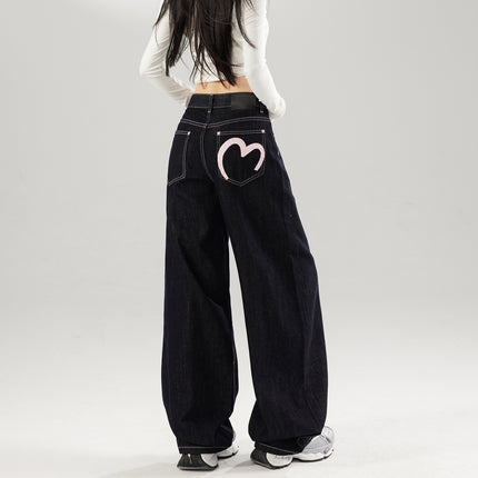 American-Style Heart-Print Wide-Leg Jeans for Women, 2026 Spring New Design, Loose Fit, Slimming, Versatile Straight-Leg Pants