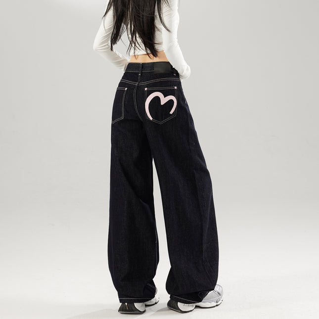 American-Style Heart-Print Wide-Leg Jeans for Women, 2026 Spring New Design, Loose Fit, Slimming, Versatile Straight-Leg Pants