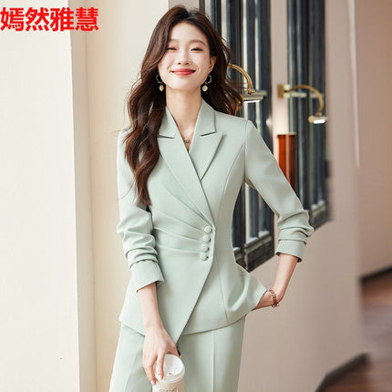 2025 Spring European and American Foreign Trade Green Slim Fit Small Suit Set Front Desk White Collar Workwear Wide-Leg Pants Suit Set
