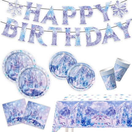 Cross-Border Ice and Snow Castle Happy Birthday Theme Cartoon Children's Party Supplies Tableware Set Birthday Arrangement Flag