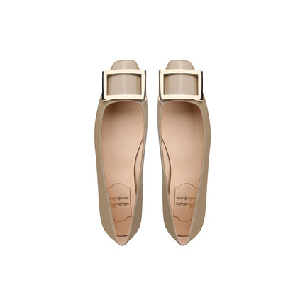 In-Stock Sheepskin Version ~ Grape Mom's Same Style Square Buckle Square Toe Shallow High Heels Women's Spring Chunky Heel Flat Commuting Shoes