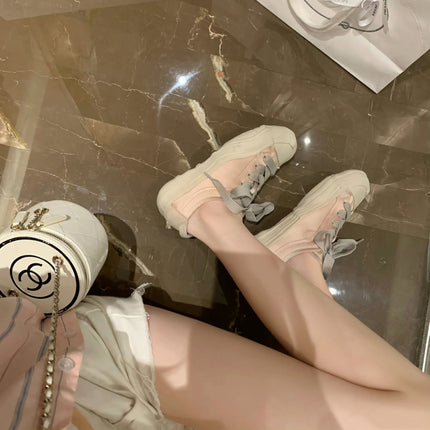 Cowhide Version ~ Weihua Store Elegant Satin Lace-Up Dissolving Shoes Color-Blocked Height-Increasing Platform Thick-Soled Casual Shoes Women's Sneakers