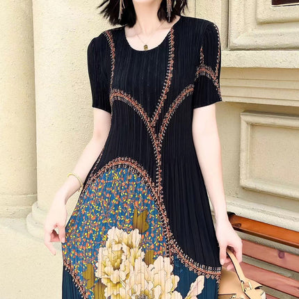 Miyake pleated 2025 summer new temperament round neck printed pleated skirt fashion waist thin magic dress