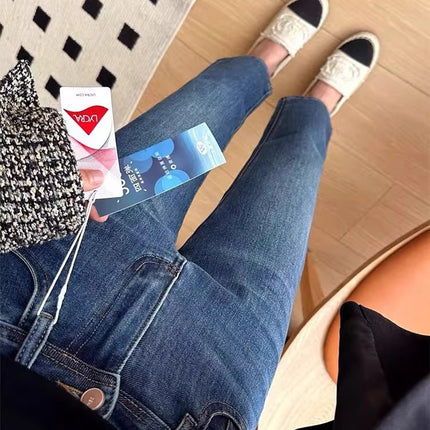Korean Pear-Shaped Figure Slim Straight-Leg Jeans for Women Plus Size Autumn Stretch Petite Cropped Cigarette Pants Trendy