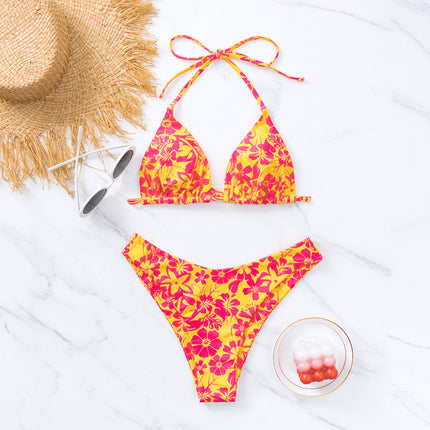 2025 New Bikini Cross-Border European and American Style Aliexpress Triangle Cup Printed Tie-Up Sexy Bikini Swimsuit Swimwear