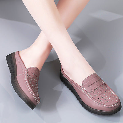 Muller Shoes 2024 Non-Slip Half-Slip Mom Shoes with Soft Soles, Perforated Women's Loafers, Low Heel, Hollow Design, Flat Comfortable Shoes