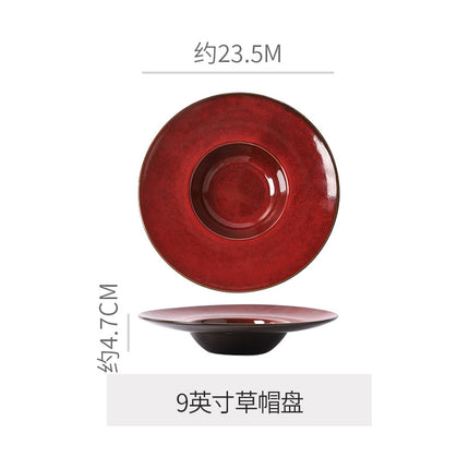 Personalized wine red ceramic restaurant hotel tableware embossed exquisite fruit pastry tray tea tray household dish salad bowl