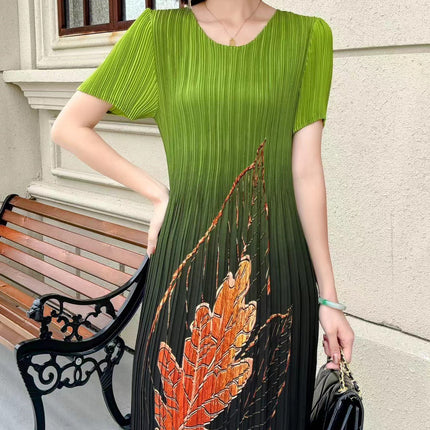 Miyake pleated 2025 summer new temperament round neck printed pleated skirt fashion waist thin magic dress